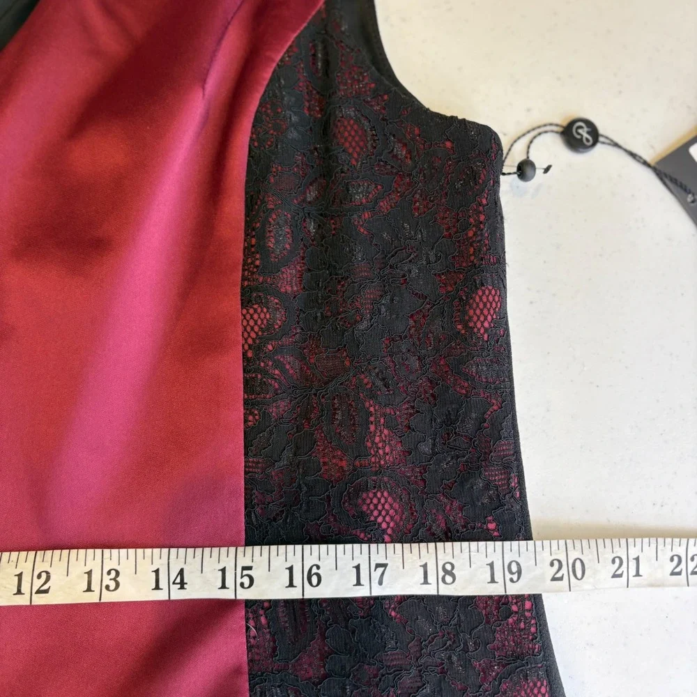Adrianna Papell Burgundy Satin Black Lace V-Neck Cocktail Dress Plus Size 16 NWT